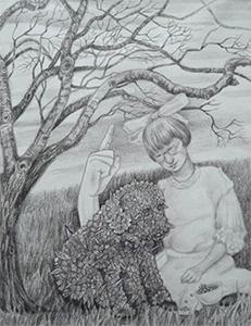 Image of Maria Driscoll McMahon's drawing, Gertrude, the Crystal Dog and the Manchineel Tree.